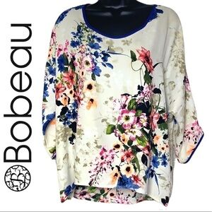 Bobeau Multicolour Floral Short Sleeves Strappy Back Relaxed Blouse Size M